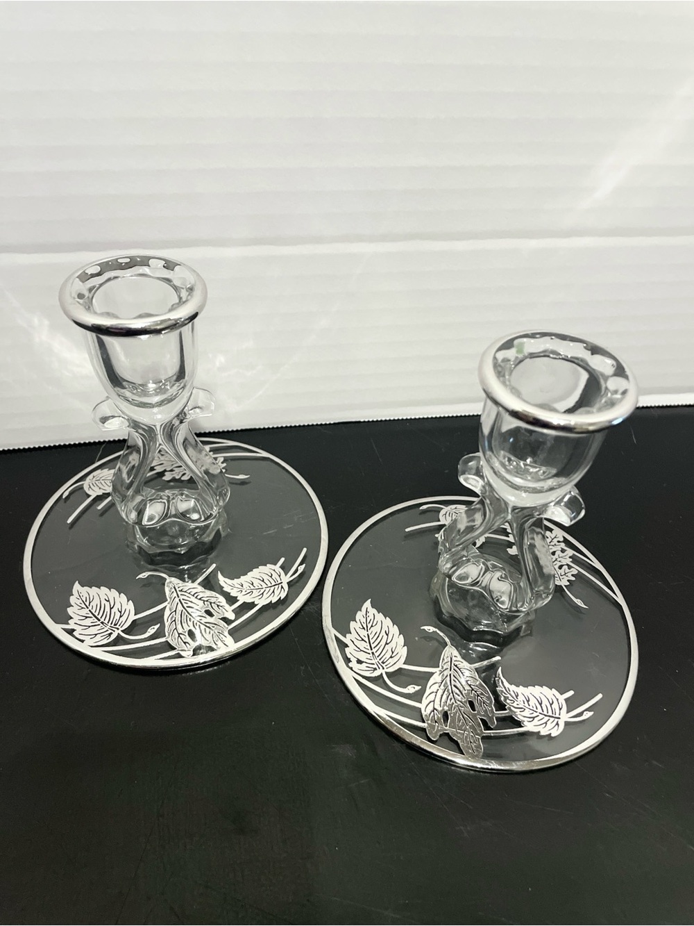 Pair of Vintage Silver City Glass Co. Candle Holders Clear Glass Sterling Silver